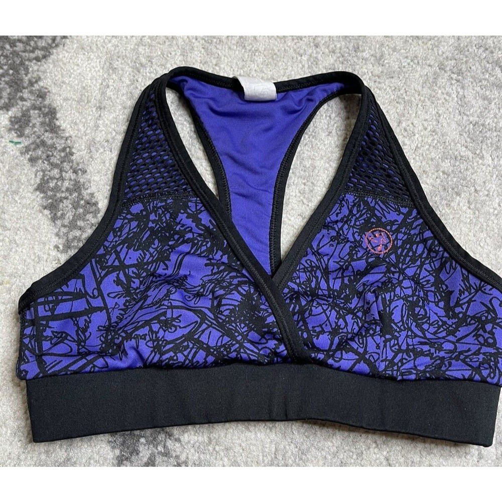 Zumba Wear Sport Bra "Spicy" Small Blue Black Pullover Cross Front Racerback